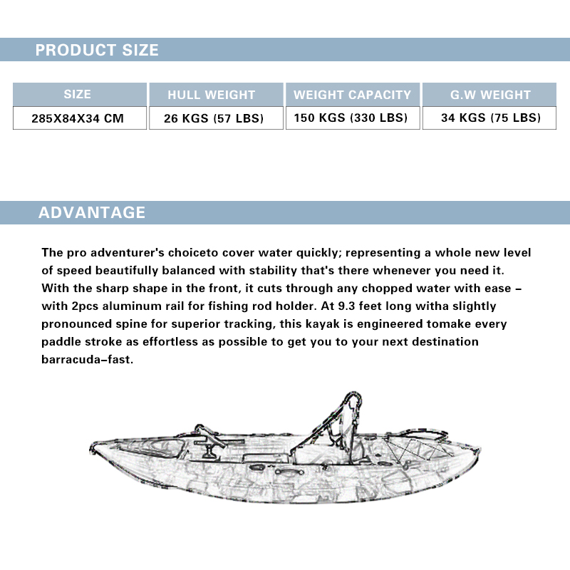 Kayak de mar rotomoldeado para una sola persona para pescar y acampar Bote de remos de material de casco LLDPE a la venta